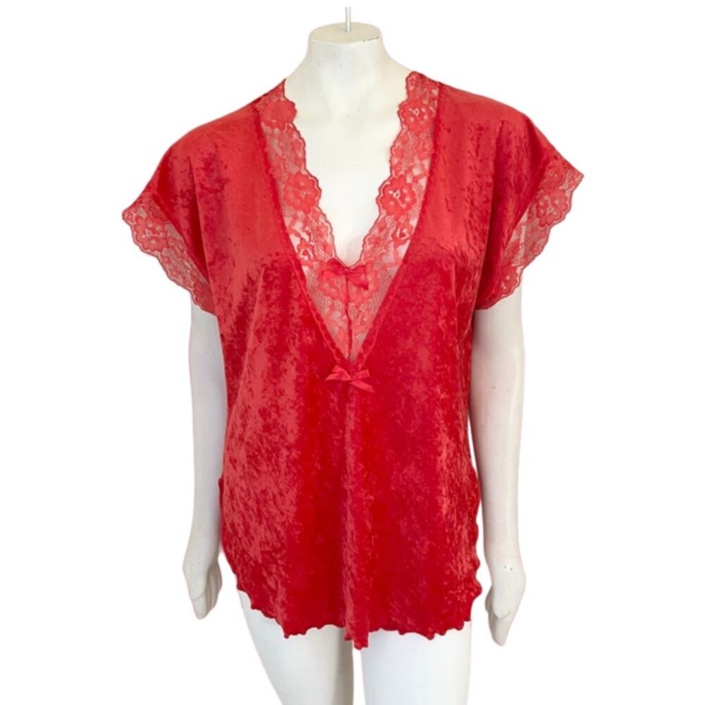 VTG FREDERICK'S OF HOLLYWOOD Crushed Velvet Lace Trim Teddy in Red SZ M